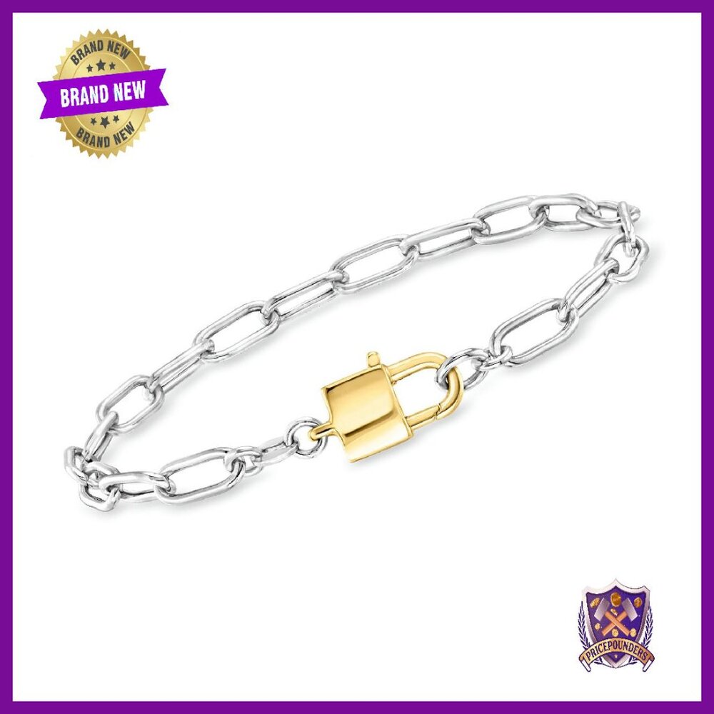 Sterling Silver Gold Paper Clip Link Padlock Bracelet 7 Inch